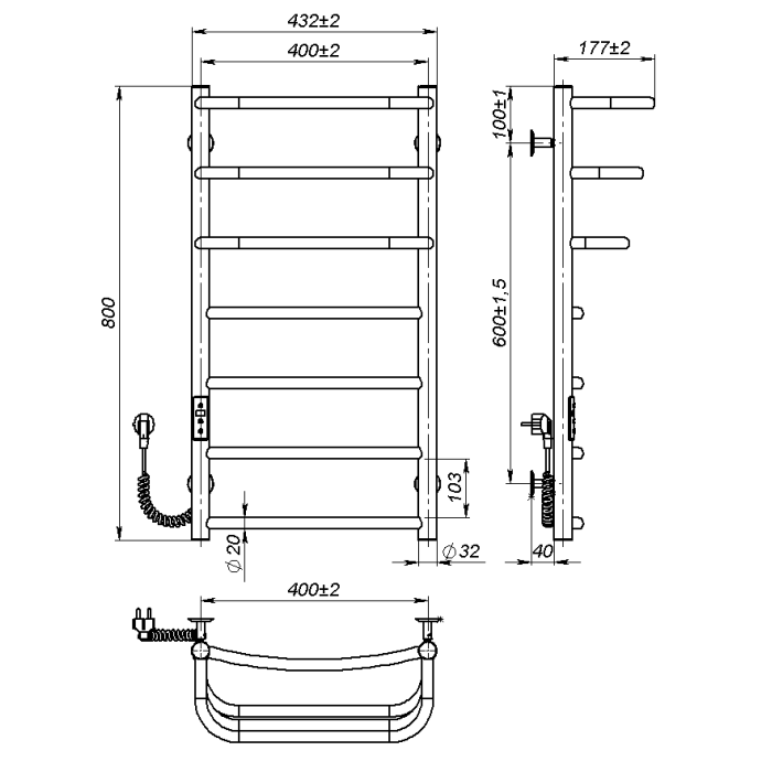 Рушникосушарка електрична Prima (800*400,7,Біла,Ліве підключення,JD03)