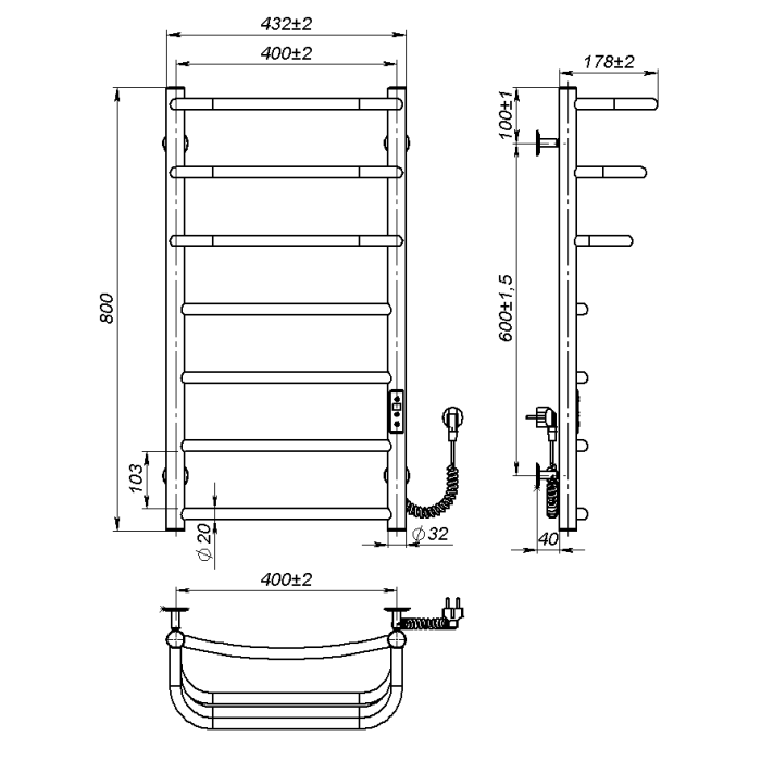 Рушникосушарка електрична Prima (800*400,7,Біла,Праве підключення,JD03)