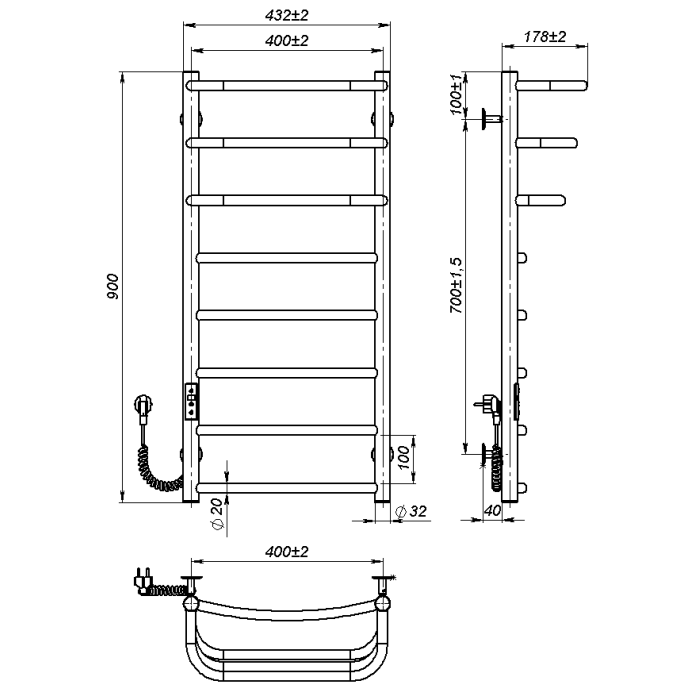 Electric towel dryer Prima (900*400,8,Grey,Left,JD03)