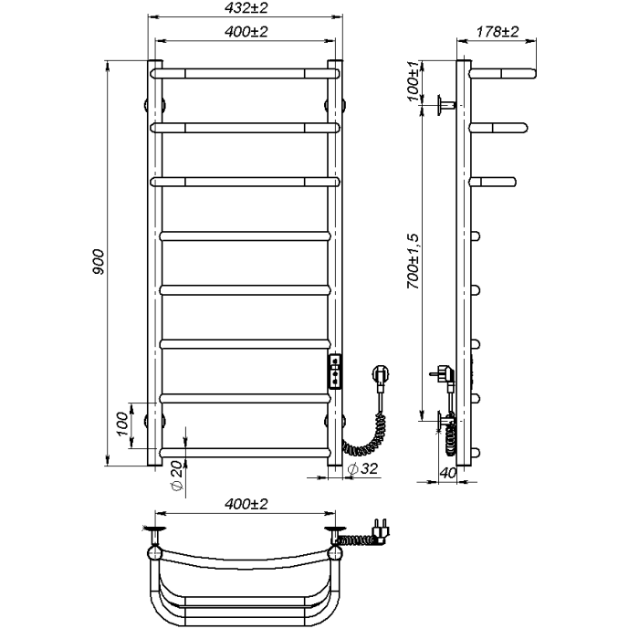 Рушникосушарка електрична Prima (900*400,8,Біла,Праве підключення,JD03)
