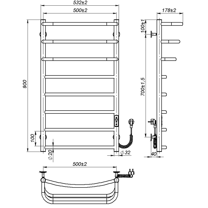 Рушникосушарка електрична Prima (900*500,8,Чорна,Праве підключення,JD03)
