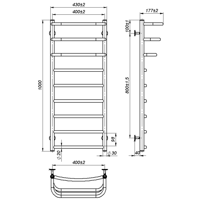 Рушникосушарка водяна Prima (1 000*400,9,Чорна,Нижнє підключення)