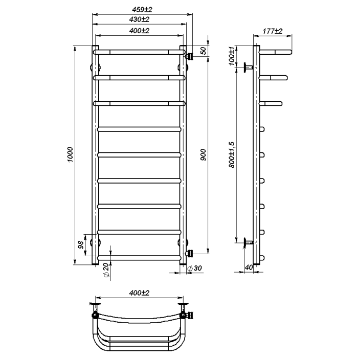 Рушникосушарка водяна Prima (1 000*400,9,Чорна,Праве підключення)