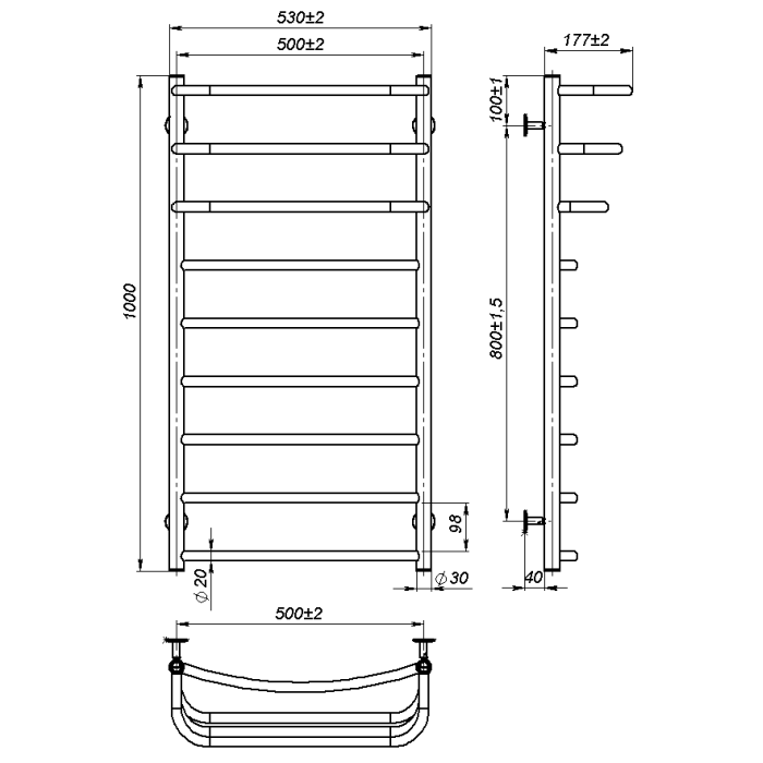 Рушникосушарка водяна Prima (1 000*500,9,Сіра,Нижнє підключення)