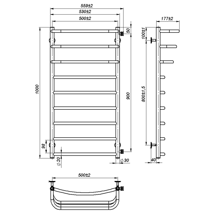 Рушникосушарка водяна Prima (1 000*500,9,Сіра,Праве підключення)