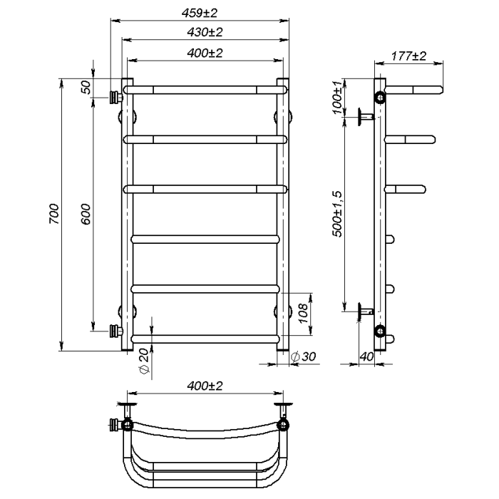 Water towel dryer Prima (700*400,6,Black,Left)