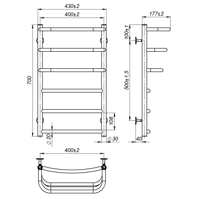 Рушникосушарка водяна Prima (700*400,6,Полірована,Нижнє підключення)