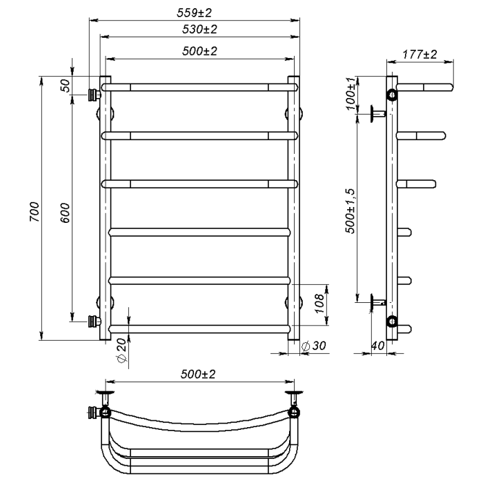 Рушникосушарка водяна Prima (700*500,6,Чорна,Ліве підключення)