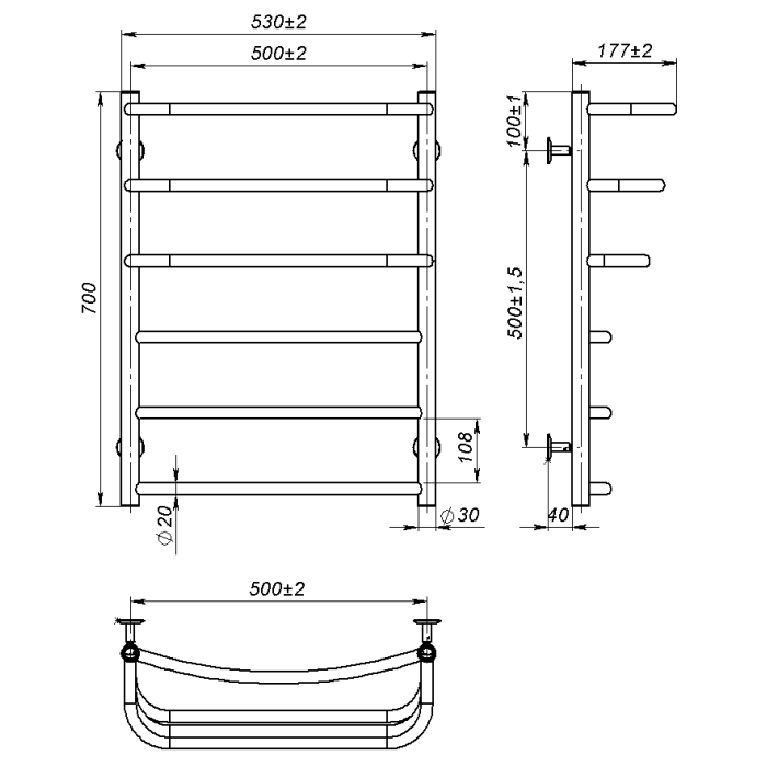 Water towel dryer Prima (700*500,6,Grey,Lower)