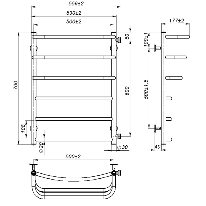 Рушникосушарка водяна Prima (700*500,6,Сіра,Праве підключення)