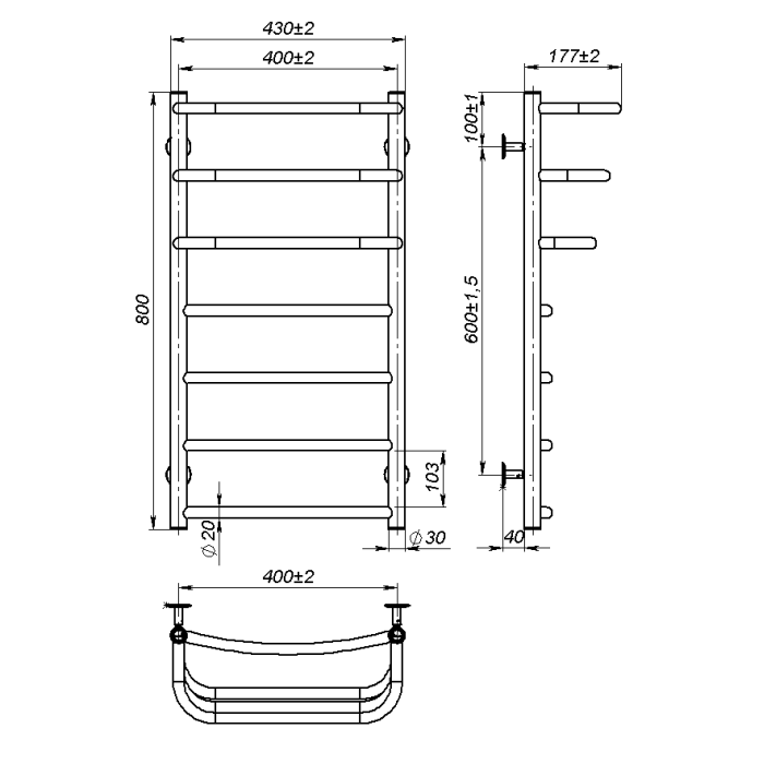 Рушникосушарка водяна Prima (800*400,7,Чорна,Нижнє підключення)