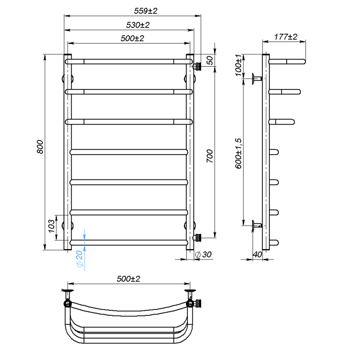 Рушникосушарка водяна Prima (800*500,7,Чорна,Праве підключення)