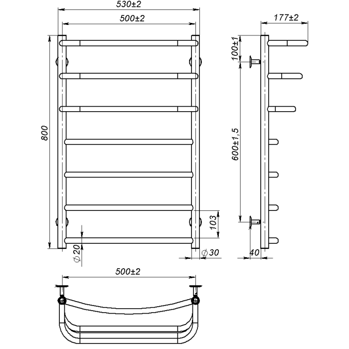 Рушникосушарка водяна Prima (800*500,7,Полірована,Нижнє підключення)