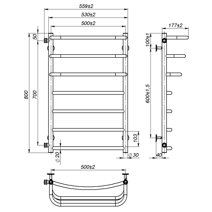Water towel dryer Prima (800*500,7,White,Left)
