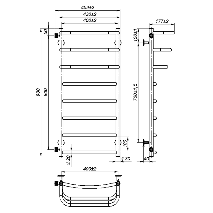 Рушникосушарка водяна Prima (900*400,8,Чорна,Ліве підключення)