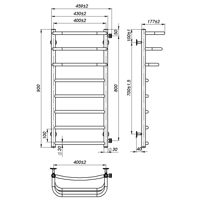 Рушникосушарка водяна Prima (900*400,8,Полірована,Праве підключення)