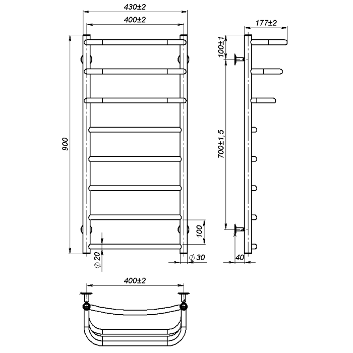 Рушникосушарка водяна Prima (900*400,8,Біла,Нижнє підключення)