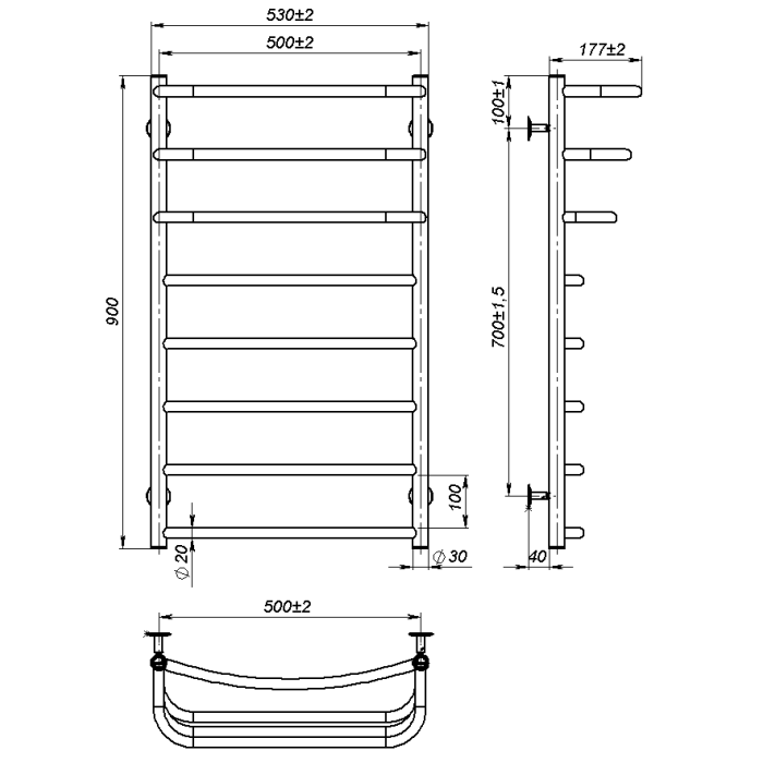 Рушникосушарка водяна Prima (900*500,8,Чорна,Нижнє підключення)