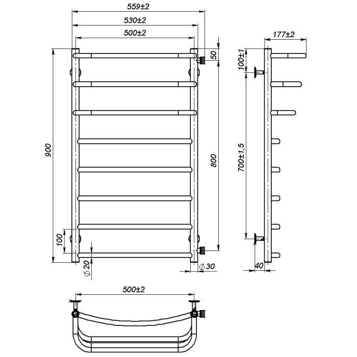 Water towel dryer Prima (900*500,8,White,Right)