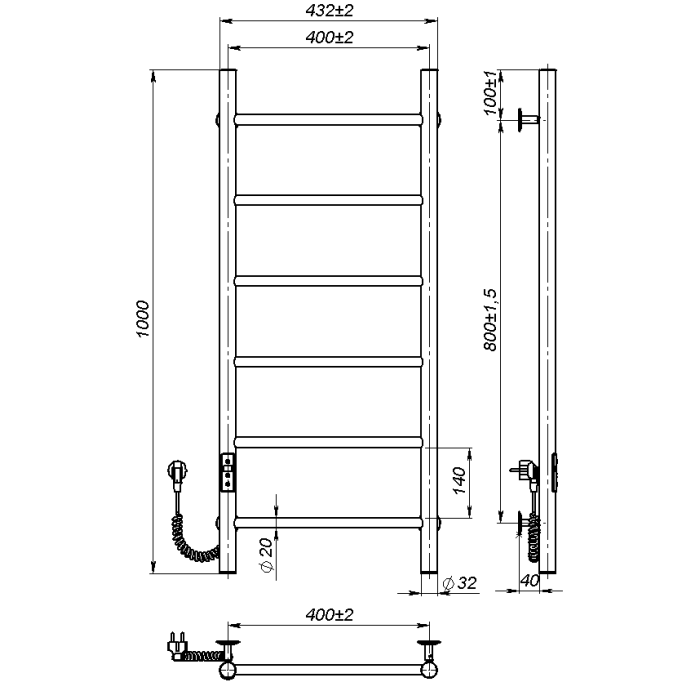 Рушникосушарка електрична Round (1000*400,6,Полірована,Ліве підключення,JD03)
