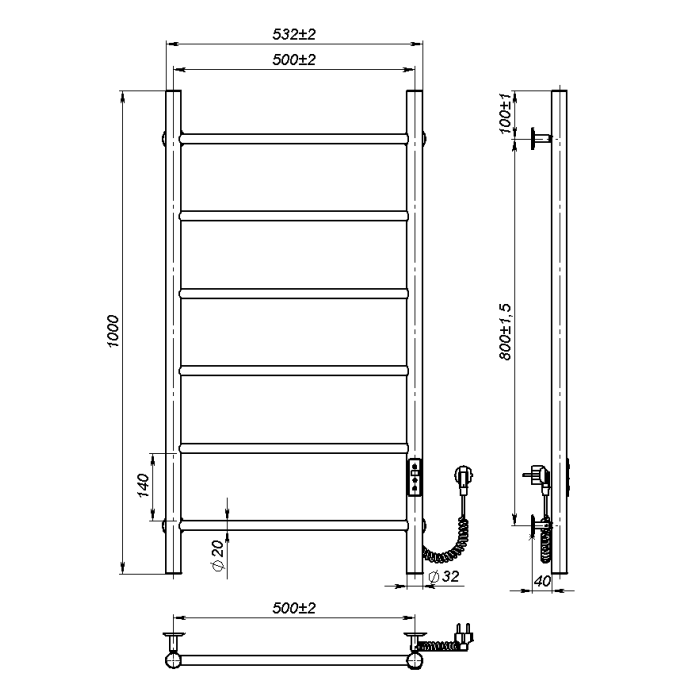 Рушникосушарка електрична Round (1000*500,6,Біла,Праве підключення,JD03)