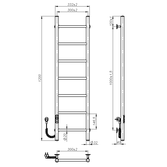 Рушникосушарка електрична Round (1200*300,7,Полірована,Ліве підключення,JD03)