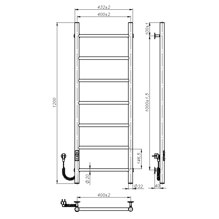 Electric towel dryer Round (1200*400,7,White,Left,JD03)