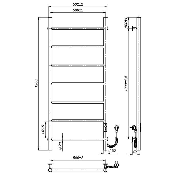 Electric towel dryer Round (1200*500,7,Grey,Right,JD03)