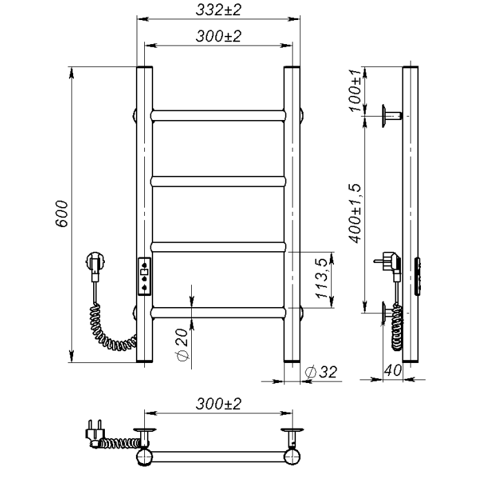 Electric towel dryer Round (600*300,4,Grey,Left,JD03)