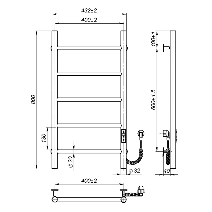 Electric towel dryer Round (800*400,5,Grey,Right,JD03)
