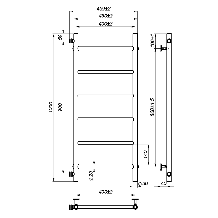Рушникосушарка водяна Round (1000*400,6,Сіра,Ліве підключення)