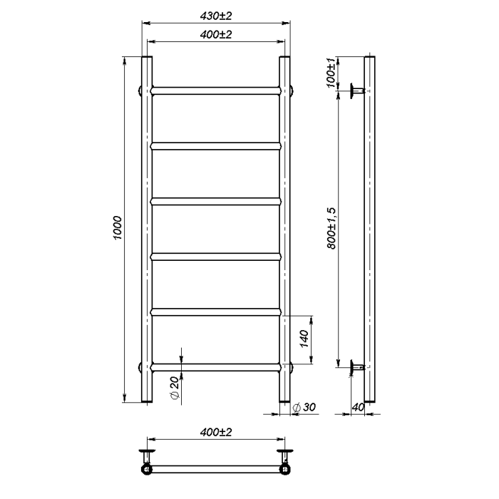 Water towel dryer Round (1000*400,6,Grey,Lower)