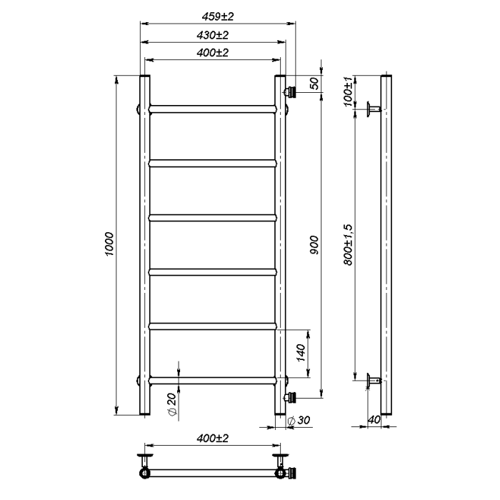 Water towel dryer Round (1000*400,6,White,Right)