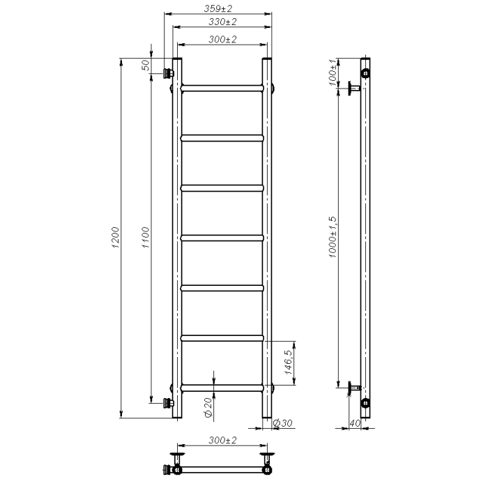 Рушникосушарка водяна Round (1200*300,7,Чорна,Ліве підключення)