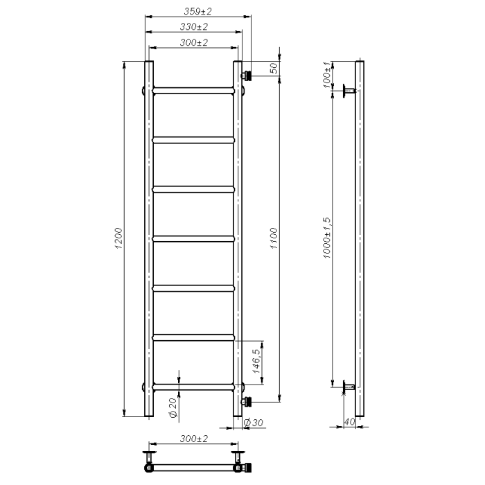 Рушникосушарка водяна Round (1200*300,7,Чорна,Праве підключення)
