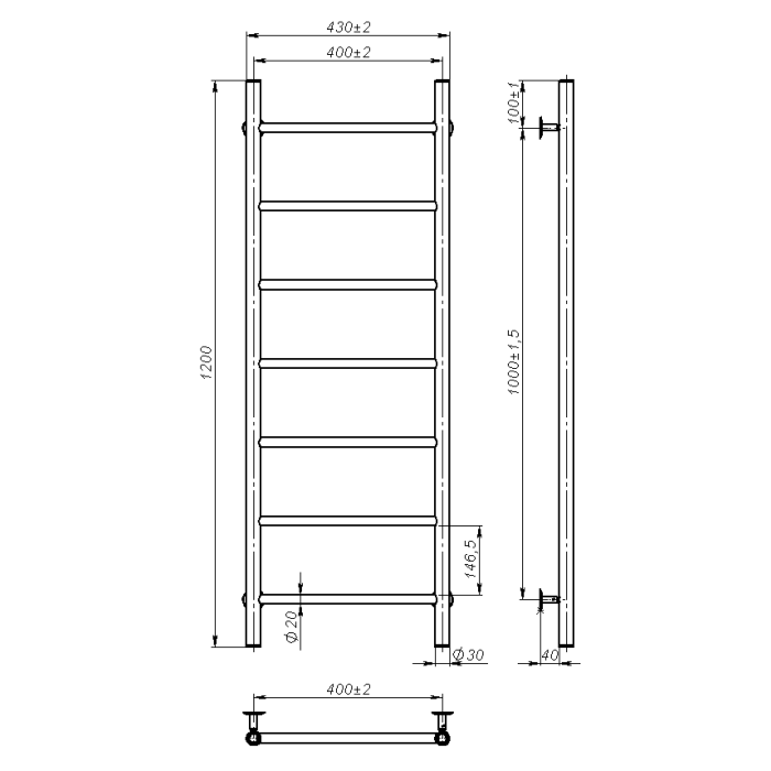 Water towel dryer Round (1200*400,7,Grey,Lower)