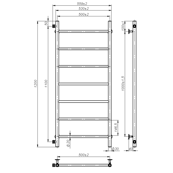 Рушникосушарка водяна Round (1200*500,7,Сіра,Ліве підключення)