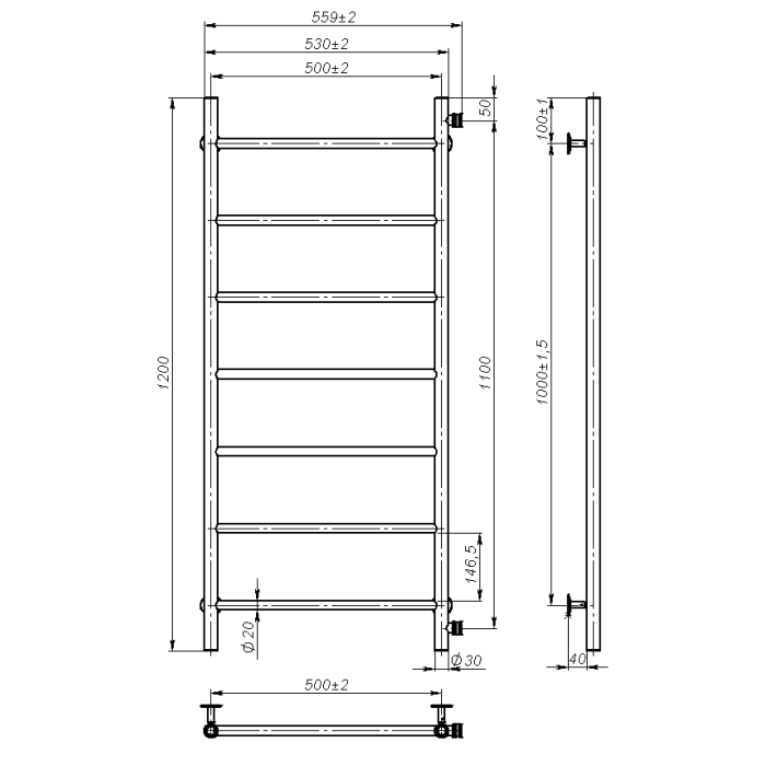 Рушникосушарка водяна Round (1200*500,7,Полірована,Праве підключення)