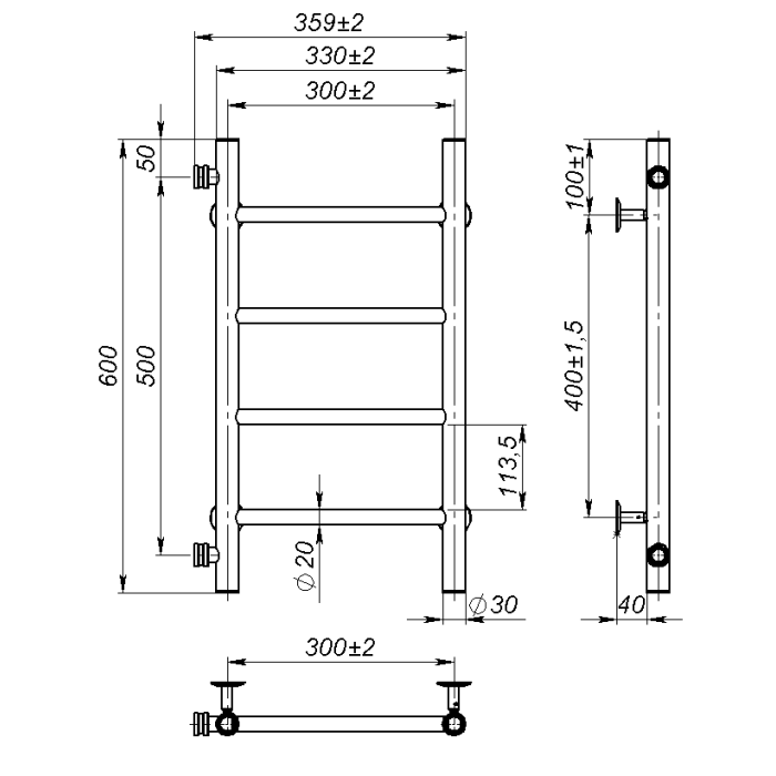Рушникосушарка водяна Round (600*300,4,Сіра,Ліве підключення)