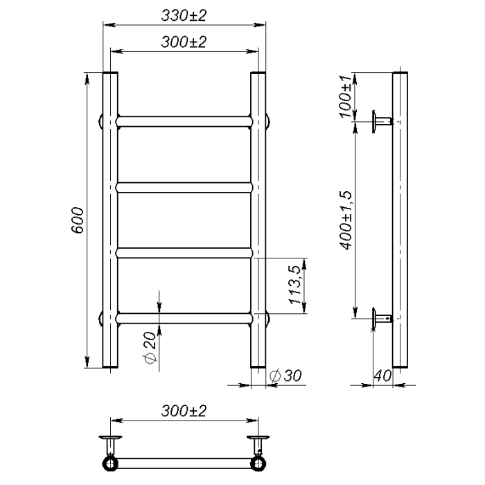 Рушникосушарка водяна Round (600*300,4,Сіра,Нижнє підключення)