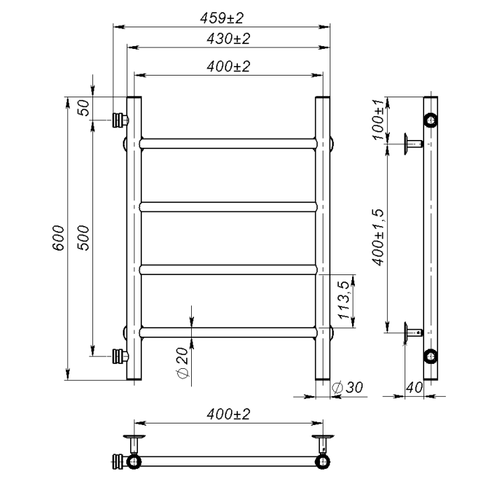Рушникосушарка водяна Round (600*400,4,Чорна,Ліве підключення)