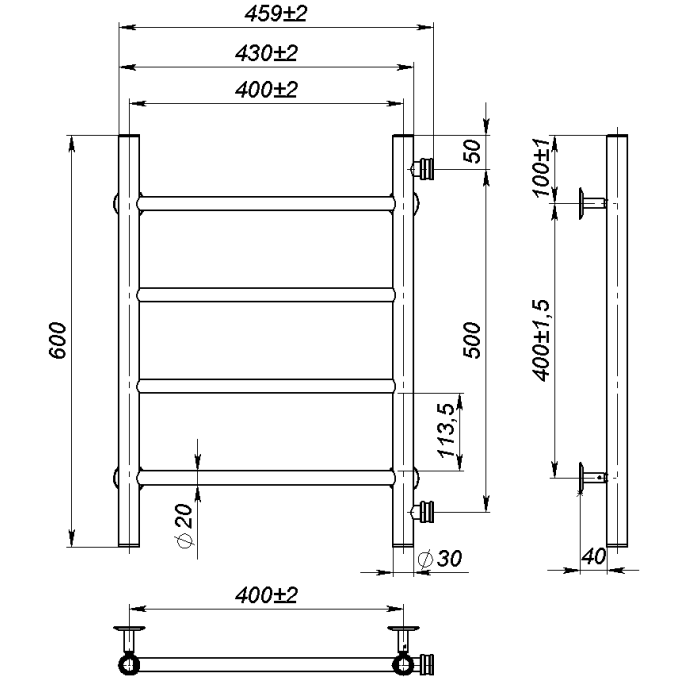 Рушникосушарка водяна Round (600*400,4,Чорна,Праве підключення)
