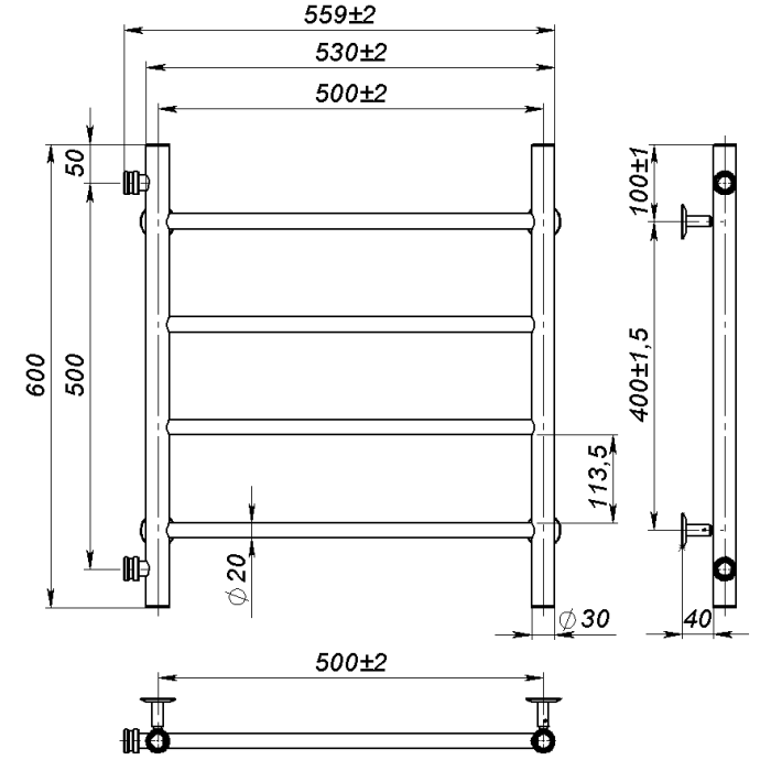 Рушникосушарка водяна Round (600*500,4,Сіра,Ліве підключення)