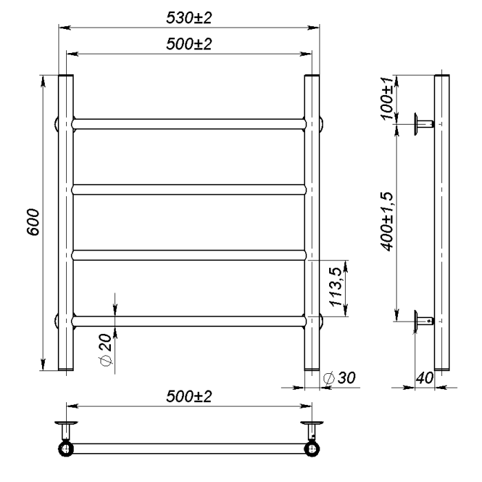 Рушникосушарка водяна Round (600*500,4,Сіра,Нижнє підключення)