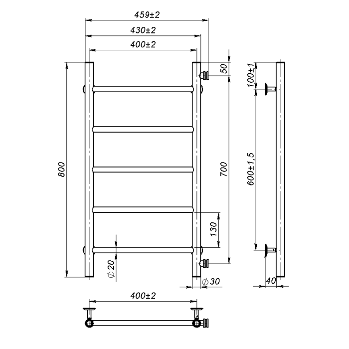 Рушникосушарка водяна Round (800*400,5,Чорна,Праве підключення)
