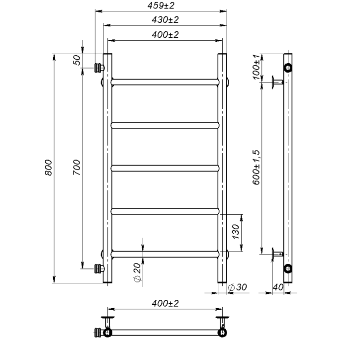 Рушникосушарка водяна Round (800*400,5,Сіра,Ліве підключення)