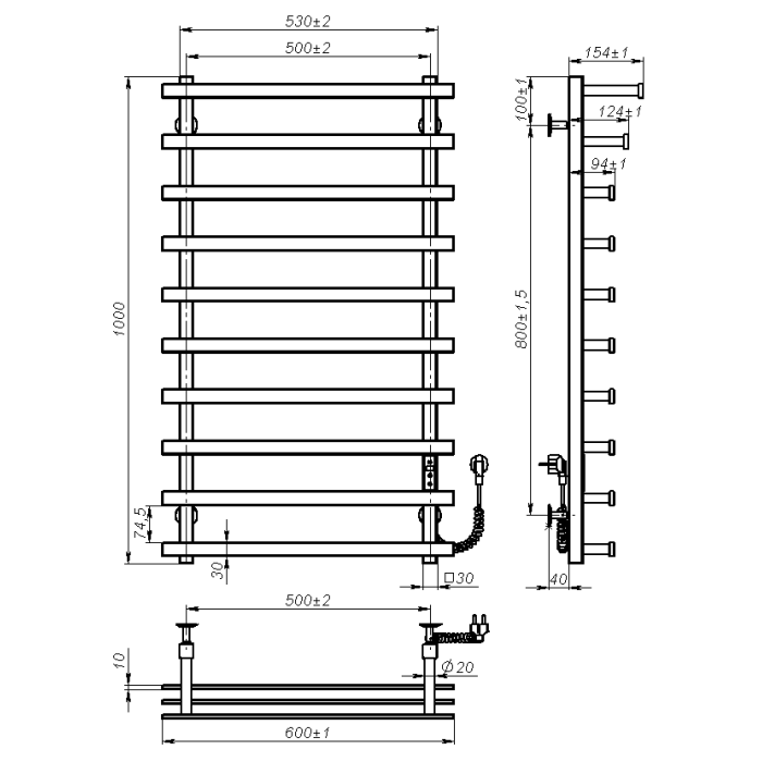 Рушникосушарка електрична Radiant (1000*500,8,Полірована,Праве підключення,JD04)