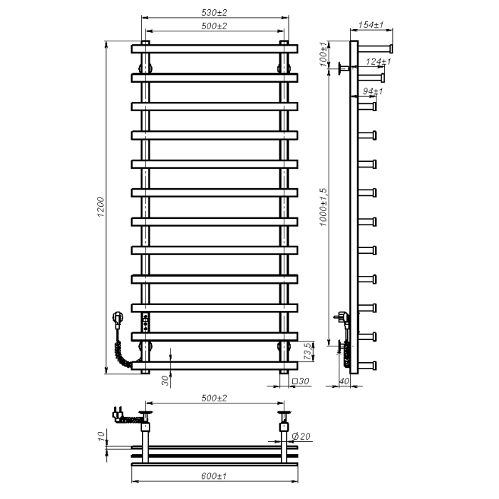 Рушникосушарка електрична Radiant (1200*500,10,Чорна,Ліве підключення,JD04)