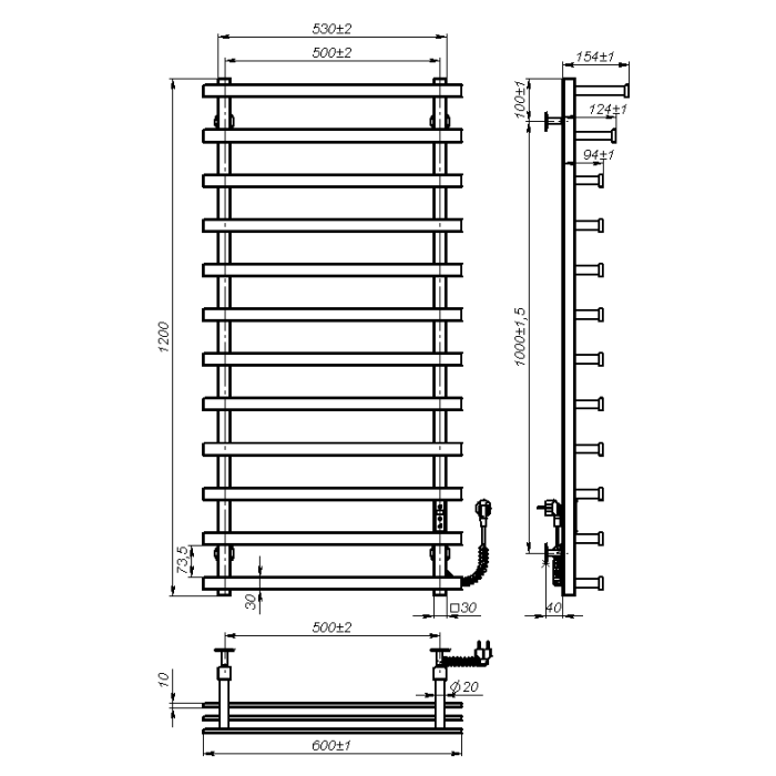 Рушникосушарка електрична Radiant (1200*500,10,Чорна,Праве підключення,JD04)