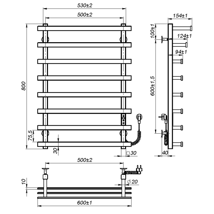 Рушникосушарка електрична Radiant (800*500,7,Сіра,Праве підключення,JD04)